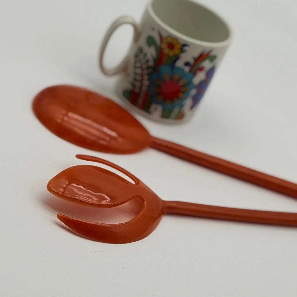 Vintage MCM Burnt Orange Lucite Salad Server Tulip Serving Spoon Fork Set 11.5in